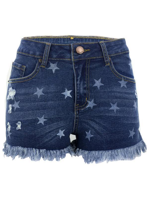Women's Casual Fringe Pentagram Print High Waist Denim Shorts - 808Lush