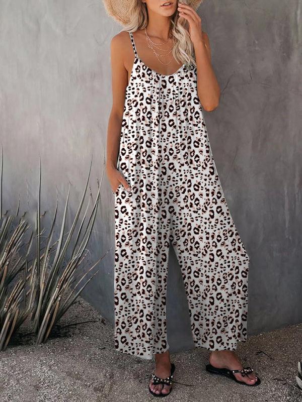 Women's Casual Sleeveless Leopard Print Pocket Loose Suspender Jumpsuit - 808Lush
