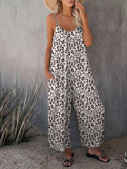 Women's Casual Sleeveless Leopard Print Pocket Loose Suspender Jumpsuit - 808Lush