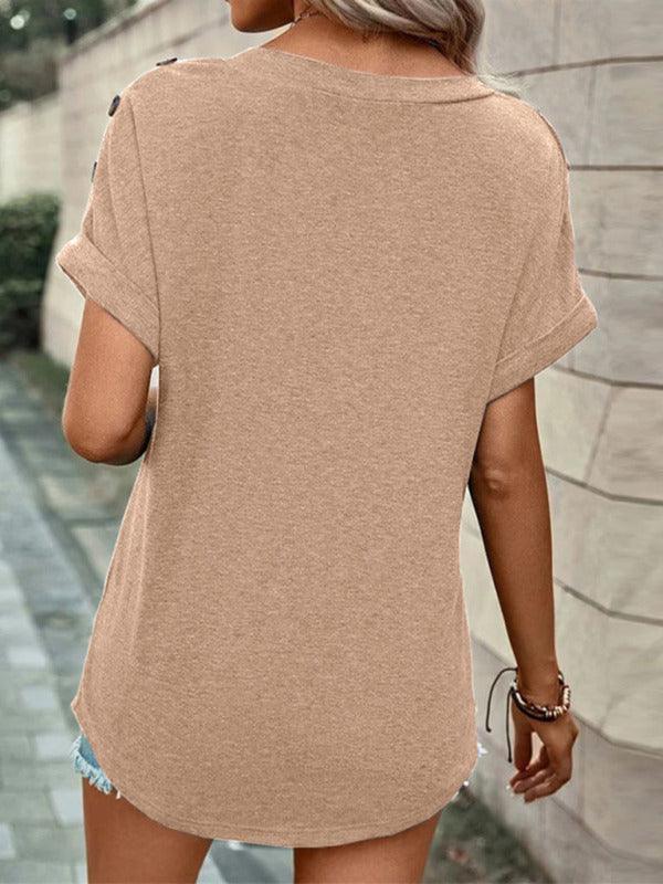 Women's Casual Solid Color Button Short Sleeve T-Shirt - 808Lush