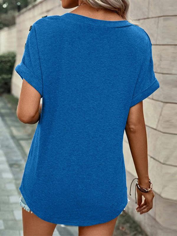 Women's Casual Solid Color Button Short Sleeve T-Shirt - 808Lush