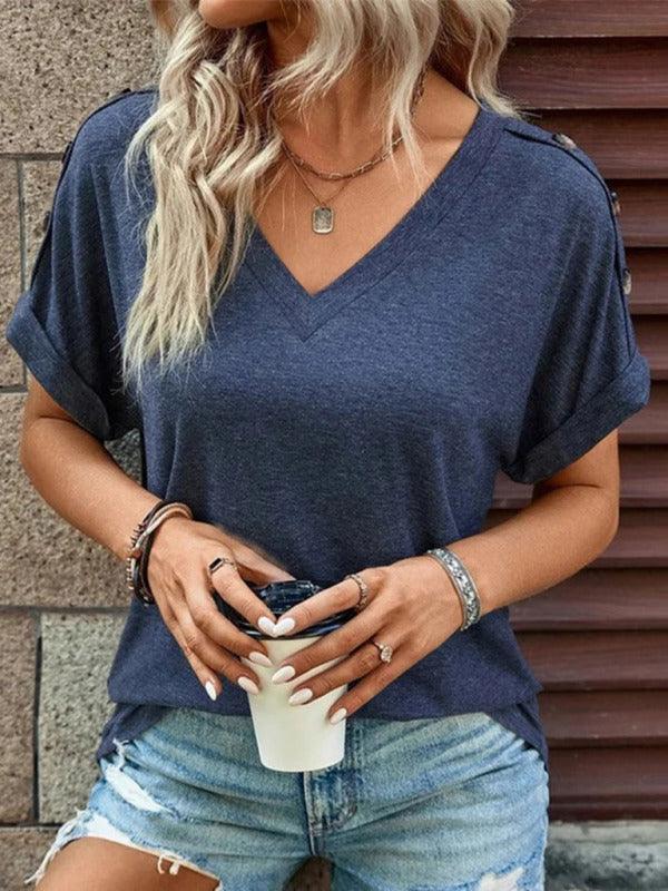 Women's Casual Solid Color Button Short Sleeve T-Shirt - 808Lush