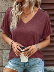 Women's Casual Solid Color Button Short Sleeve T-Shirt - 808Lush