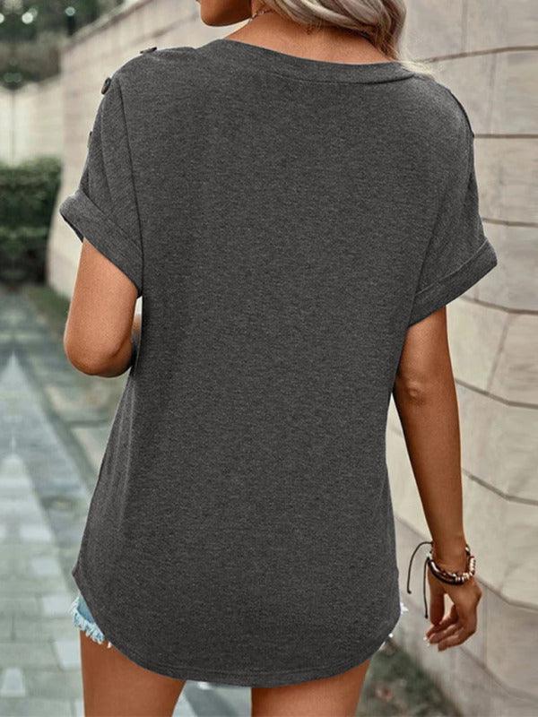Women's Casual Solid Color Button Short Sleeve T-Shirt - 808Lush