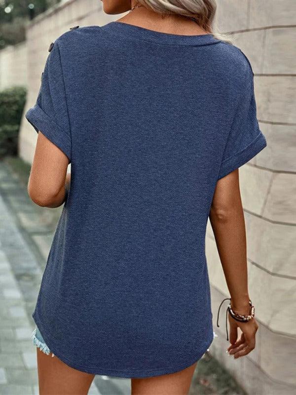 Women's Casual Solid Color Button Short Sleeve T-Shirt - 808Lush