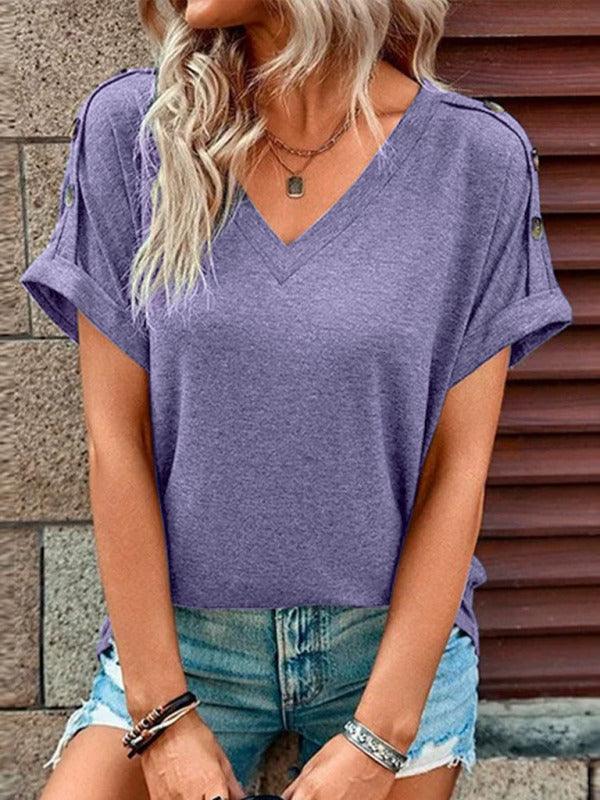 Women's Casual Solid Color Button Short Sleeve T-Shirt - 808Lush