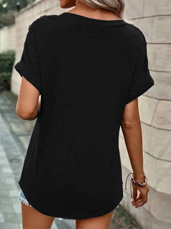 Women's Casual Solid Color Button Short Sleeve T-Shirt - 808Lush