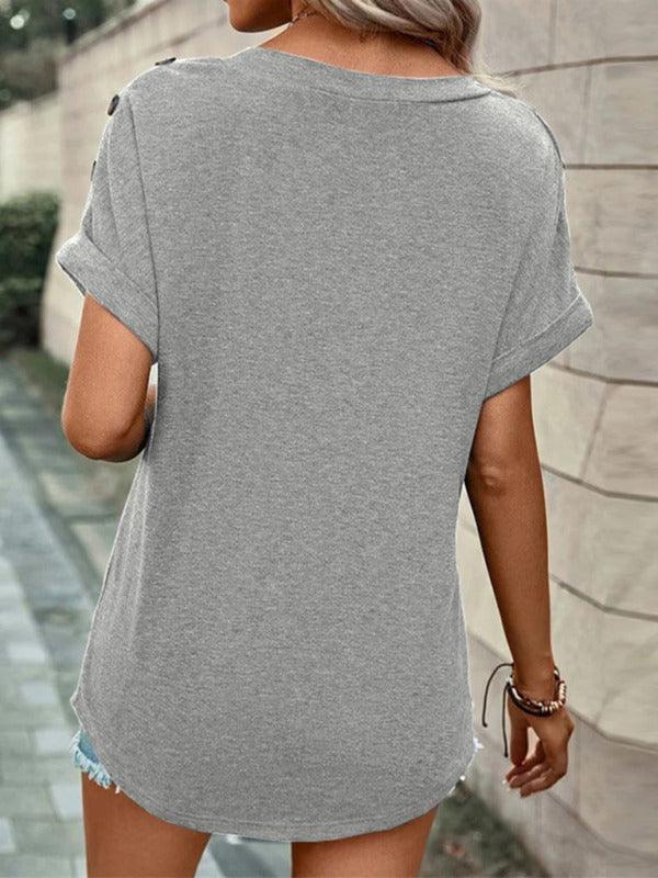 Women's Casual Solid Color Button Short Sleeve T-Shirt - 808Lush