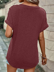 Women's Casual Solid Color Button Short Sleeve T-Shirt - 808Lush