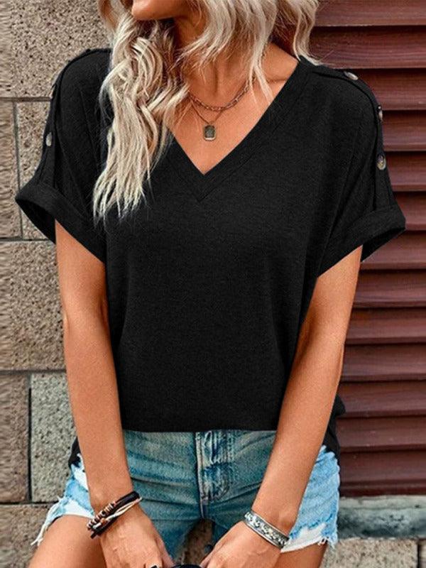 Women's Casual Solid Color Button Short Sleeve T-Shirt - 808Lush