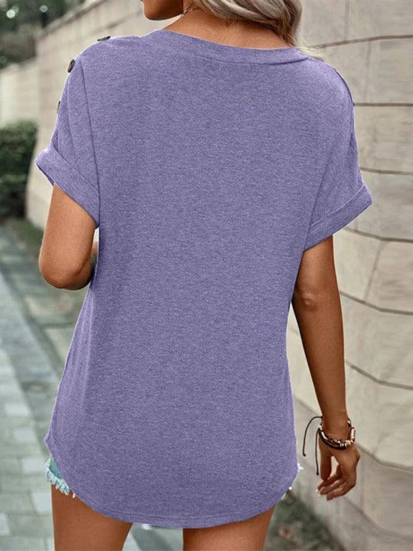 Women's Casual Solid Color Button Short Sleeve T-Shirt - 808Lush