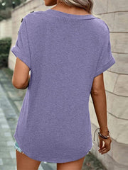 Women's Casual Solid Color Button Short Sleeve T-Shirt - 808Lush