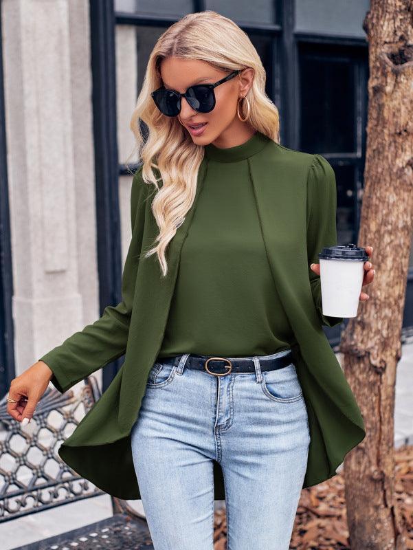 Women's Casual Solid Color Half Turtleneck Long Sleeves Fake Two Piece Shirt - 808Lush