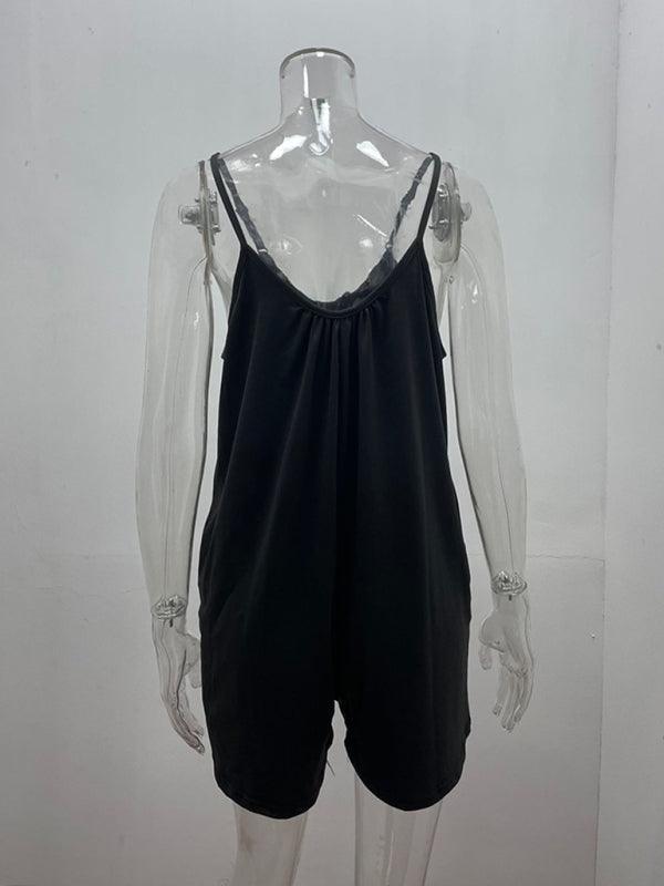Women's Casual Suspender Shorts Solid Color Round Neck Loose Pocket Jumpsuit - 808Lush