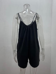Women's Casual Suspender Shorts Solid Color Round Neck Loose Pocket Jumpsuit - 808Lush