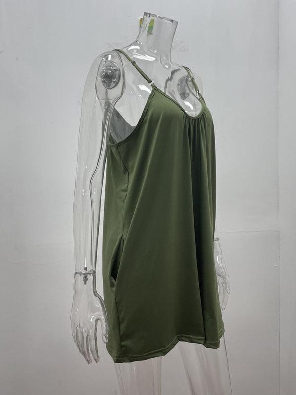 Women's Casual Suspender Shorts Solid Color Round Neck Loose Pocket Jumpsuit - 808Lush