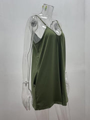 Women's Casual Suspender Shorts Solid Color Round Neck Loose Pocket Jumpsuit - 808Lush