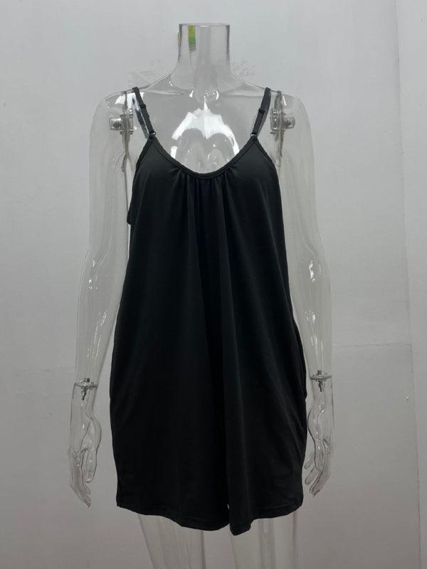 Women's Casual Suspender Shorts Solid Color Round Neck Loose Pocket Jumpsuit - 808Lush