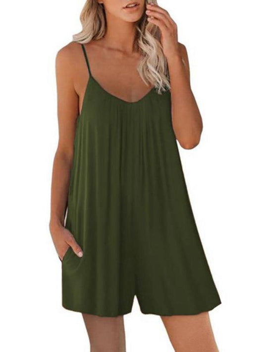 Women's Casual Suspender Shorts Solid Color Round Neck Loose Pocket Jumpsuit - 808Lush