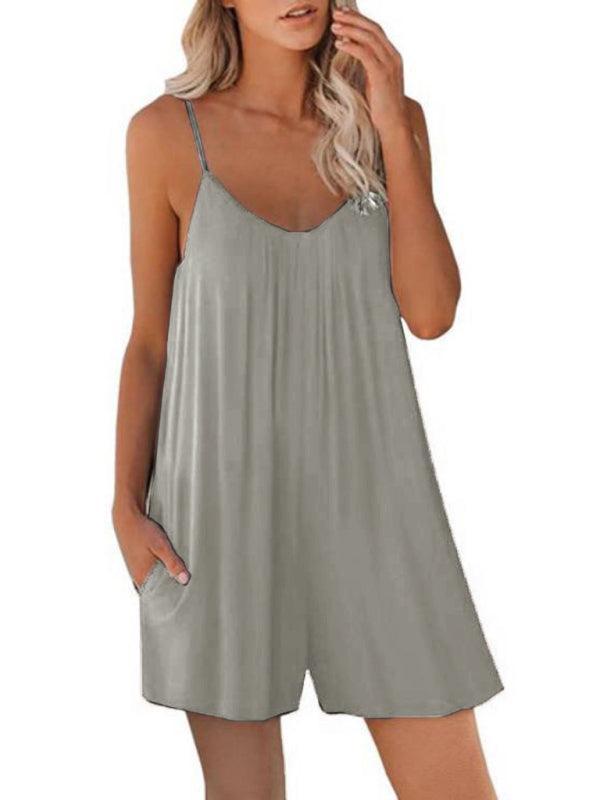 Women's Casual Suspender Shorts Solid Color Round Neck Loose Pocket Jumpsuit - 808Lush