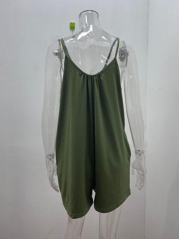 Women's Casual Suspender Shorts Solid Color Round Neck Loose Pocket Jumpsuit - 808Lush