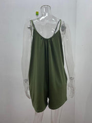 Women's Casual Suspender Shorts Solid Color Round Neck Loose Pocket Jumpsuit - 808Lush