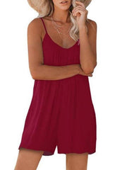 Women's Casual Suspender Shorts Solid Color Round Neck Loose Pocket Jumpsuit - 808Lush