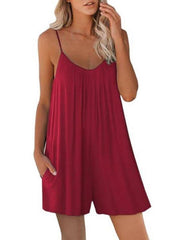 Women's Casual Suspender Shorts Solid Color Round Neck Loose Pocket Jumpsuit - 808Lush
