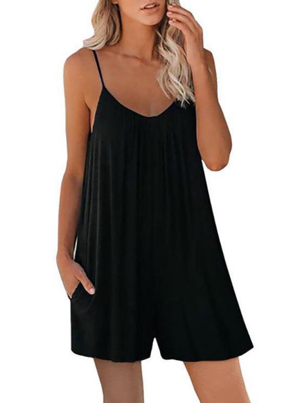Women's Casual Suspender Shorts Solid Color Round Neck Loose Pocket Jumpsuit - 808Lush