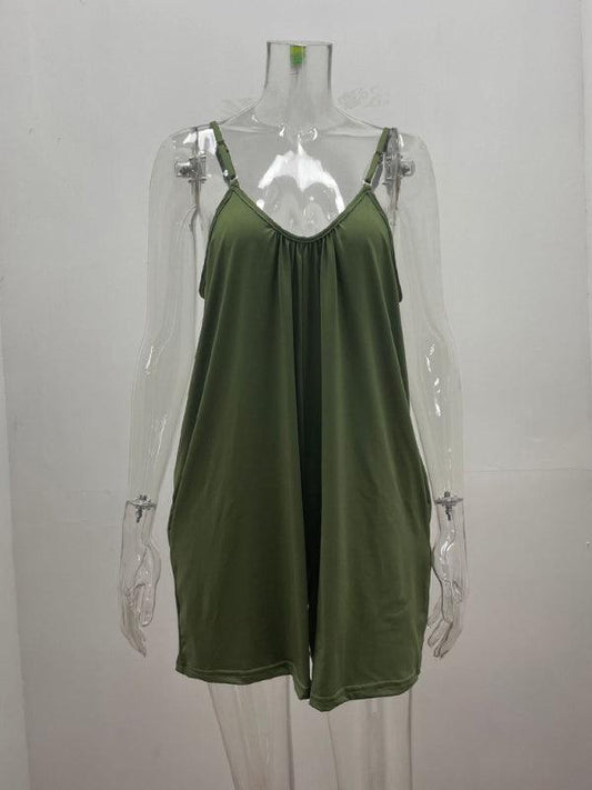 Women's Casual Suspender Shorts Solid Color Round Neck Loose Pocket Jumpsuit - 808Lush