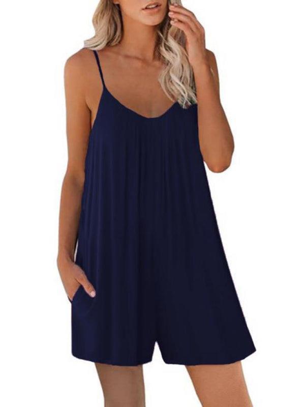 Women's Casual Suspender Shorts Solid Color Round Neck Loose Pocket Jumpsuit - 808Lush