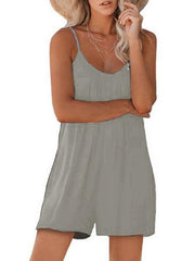 Women's Casual Suspender Shorts Solid Color Round Neck Loose Pocket Jumpsuit - 808Lush