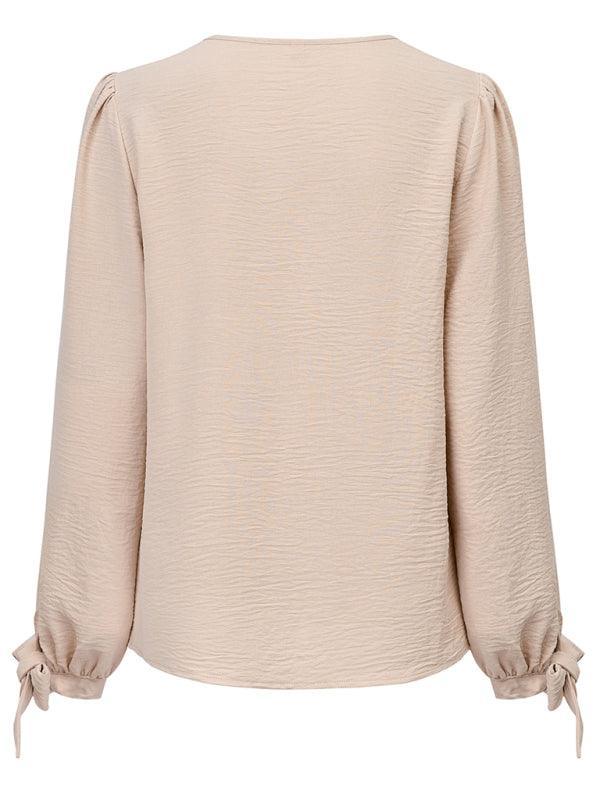Women's Casual V Neck Long Sleeve Solid Color Slim Top - 808Lush