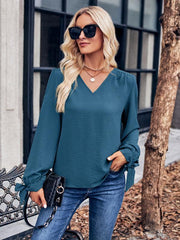 Women's Casual V Neck Long Sleeve Solid Color Slim Top - 808Lush