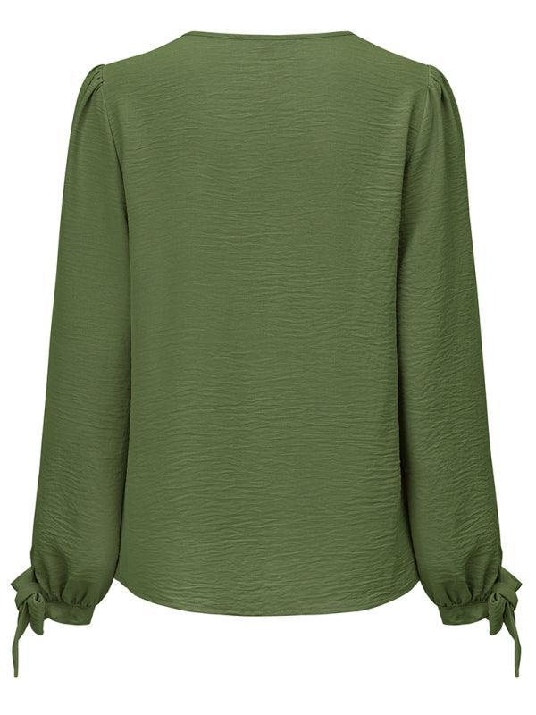 Women's Casual V Neck Long Sleeve Solid Color Slim Top - 808Lush