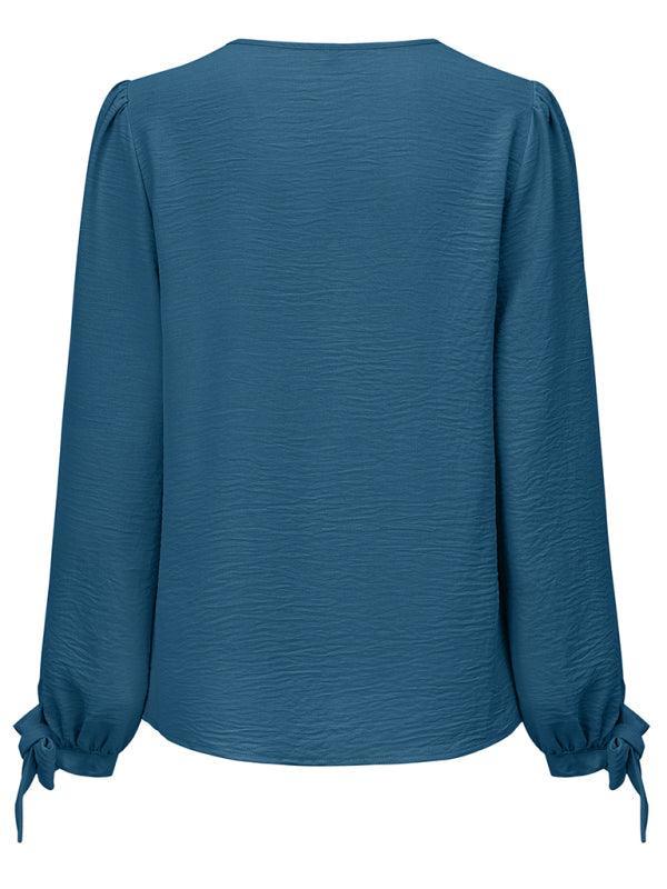 Women's Casual V Neck Long Sleeve Solid Color Slim Top - 808Lush