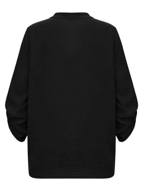 Women's Casual V Neck Solid Color Loose Rolled Long Sleeve Top - 808Lush
