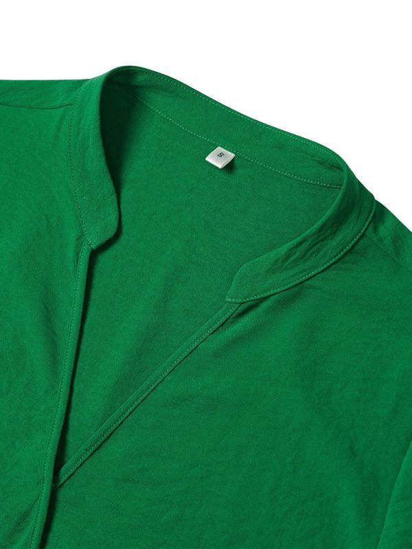 Women's Casual V Neck Solid Color Loose Rolled Long Sleeve Top - 808Lush