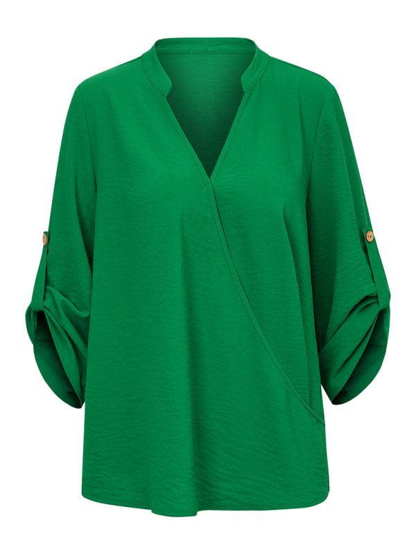 Women's Casual V Neck Solid Color Loose Rolled Long Sleeve Top - 808Lush