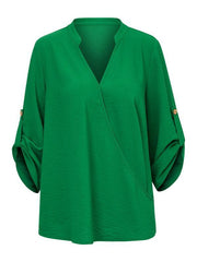 Women's Casual V Neck Solid Color Loose Rolled Long Sleeve Top - 808Lush