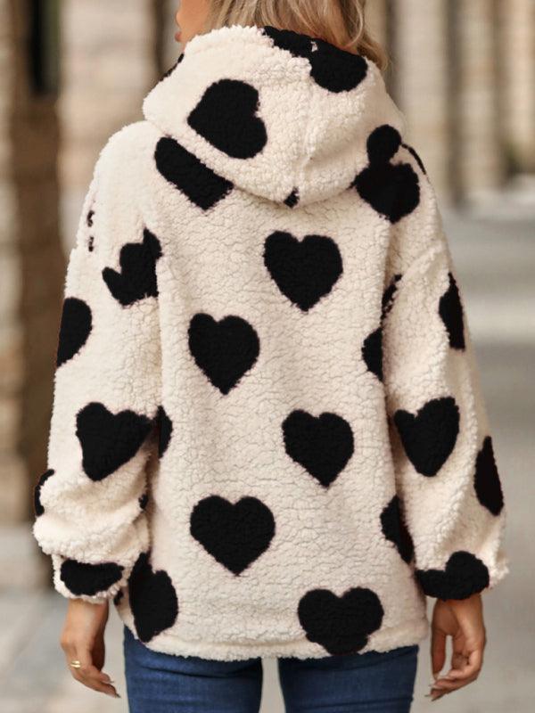 Women's Christmas Valentine's Day Loose Plush Hooded Love Print Pullover Sweatshirt - 808Lush