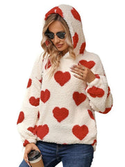Women's Christmas Valentine's Day Loose Plush Hooded Love Print Pullover Sweatshirt - 808Lush