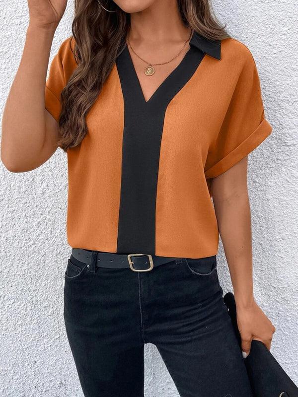Women's Contrasting Color V-Neck Raglan Sleeve Lapel Loose Top - 808Lush