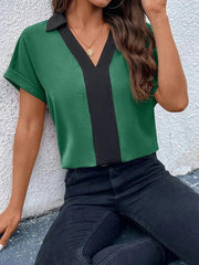 Women's Contrasting Color V-Neck Raglan Sleeve Lapel Loose Top - 808Lush