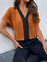 Women's Contrasting Color V-Neck Raglan Sleeve Lapel Loose Top - 808Lush