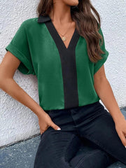 Women's Contrasting Color V-Neck Raglan Sleeve Lapel Loose Top - 808Lush