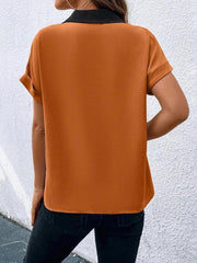 Women's Contrasting Color V-Neck Raglan Sleeve Lapel Loose Top - 808Lush