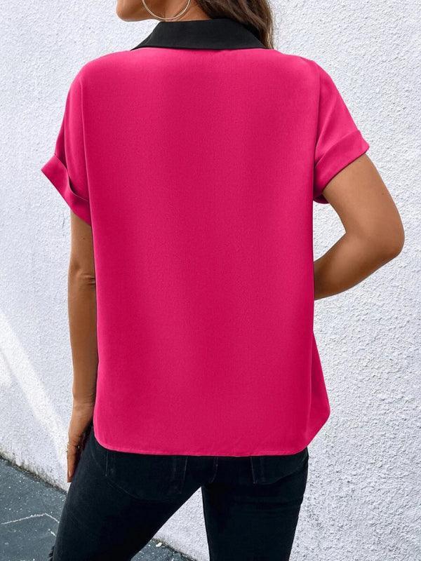 Women's Contrasting Color V-Neck Raglan Sleeve Lapel Loose Top - 808Lush