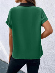 Women's Contrasting Color V-Neck Raglan Sleeve Lapel Loose Top - 808Lush
