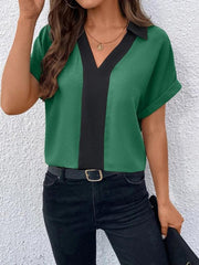Women's Contrasting Color V-Neck Raglan Sleeve Lapel Loose Top - 808Lush